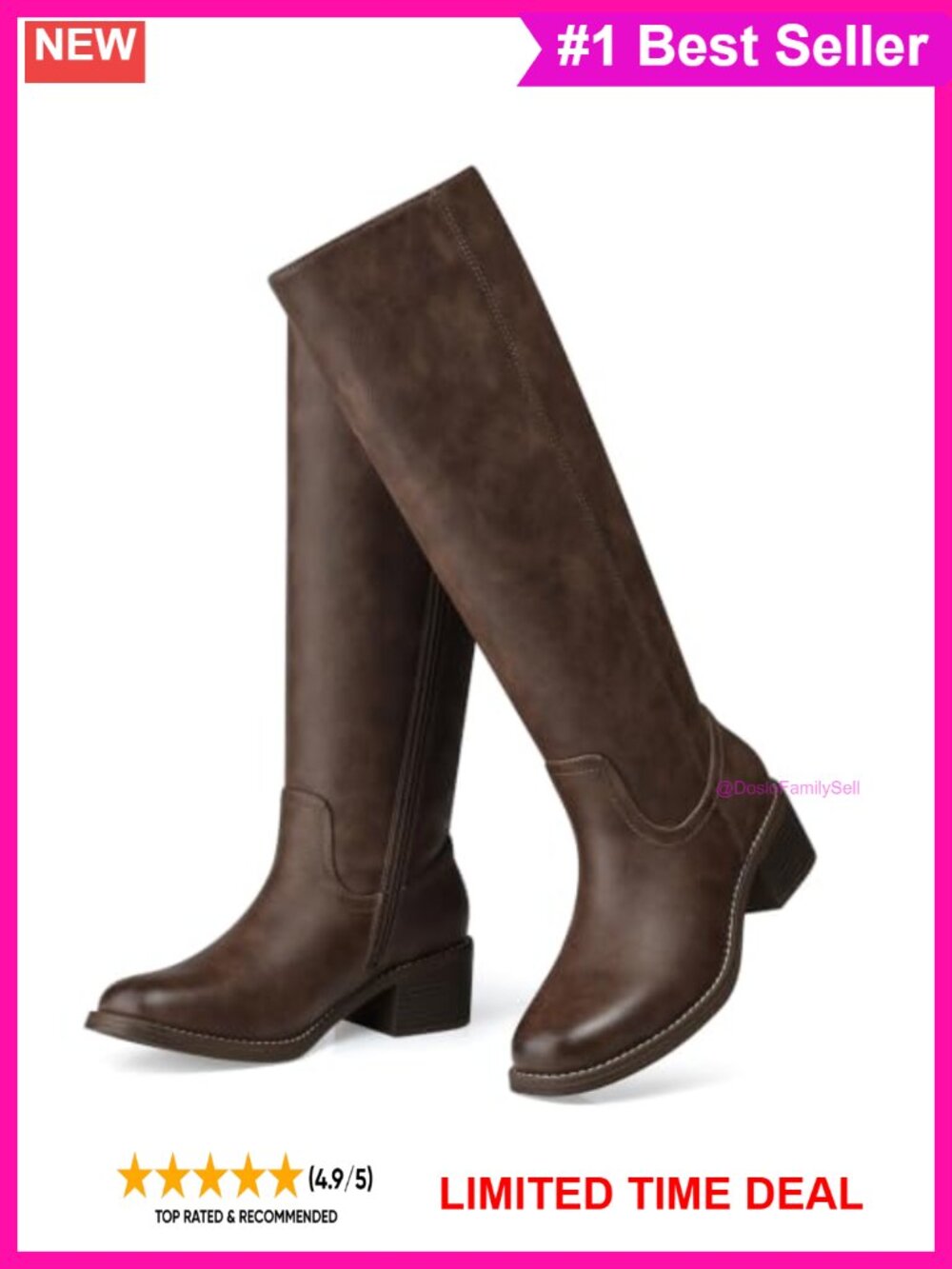 Womens Knee High Boots Faux Leather Low Block Heel with Side Zipper Wide Calf
